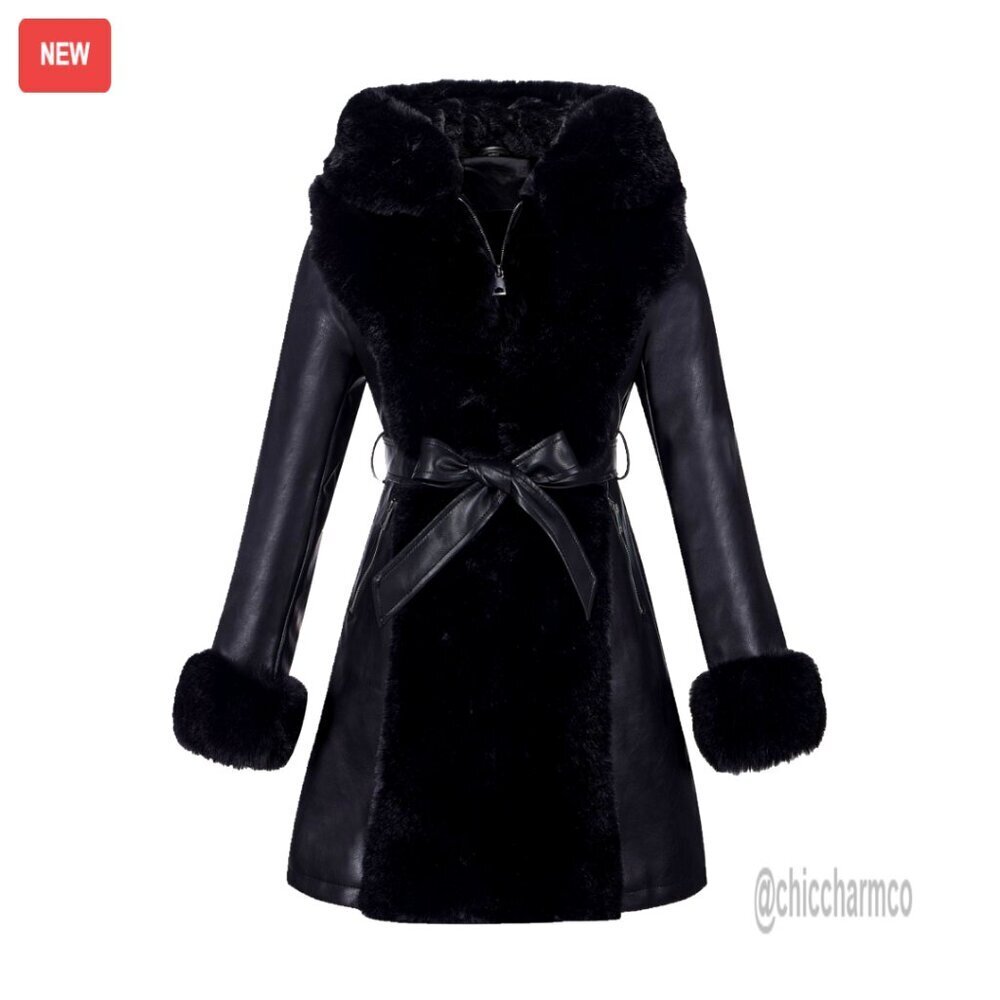 Faux Leather Jacket with Fur Lining Hood Belted XXL Winter Coat
